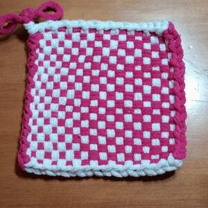 Hot Pink and White Handmade Loom Woven Potholder